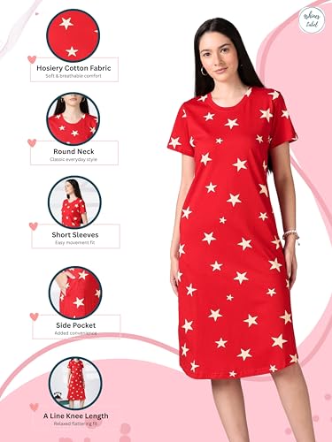 Image of 9shines Label Hosiery Cotton Knee Length Short Night Dress | Short Nighty for Women with Pocket | Graphic Print Nightwear | Night Gown for Women (M-7XL)