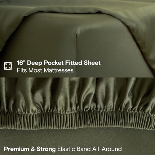 Image of DOZ Sheet Set, 100% Viscose derived from Bamboo, Organically Grown, Buttery Soft, Cooling Sheets, High GSM, Deep Pockets - 2 Piece - 1 Pillowcase 1 Fitted Sheet (Olive, Twin XL)