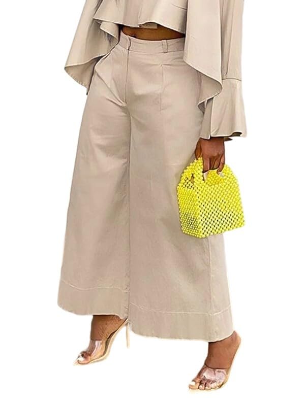 UOOZEE Womens Elastic High Waist Wide Leg Pants Cotton Loose Fit Boho Trousers with Pockets Office Work Lounge