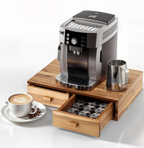 Tinamo Boîte de rangement en bois d'acacia pour dosettes de café, dosettes de café et de thé, tiroir pour machine à café K, organiseur de tiroir Kcup sous infuseur (acacia, 2 tiroirs)