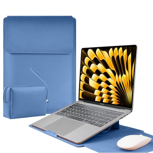 LuFiYa 【3in1】ノートパソコン用スリーブ pcスタンドとマウスパッド付き MacBook Air/MacBook Pro/iPad Air Pro/Surface 12/13/13.3/14/15.6/16インチ Laptop 対応 薄型 PU革パソコンスリーブ ノートPCインナーバッグ 耐衝撃 キズ 防止 撥水加工 電源収納ポーチ付き (13.3-14インチ | 水色)