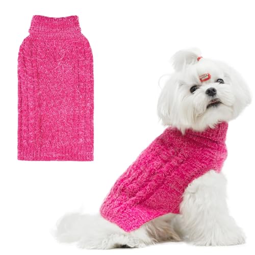 Image of Turtleneck Small Dog Sweaters - Classic Cable Knitwear Winter Coat for Small Medium Dogs Male Female Puppy Dog Cold Weather Clothes Girls Boys, Hot Pink, M