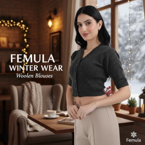 Image of Women Winter Wear V-Neck Half Sleeves Regular Fit Woollen Blouse