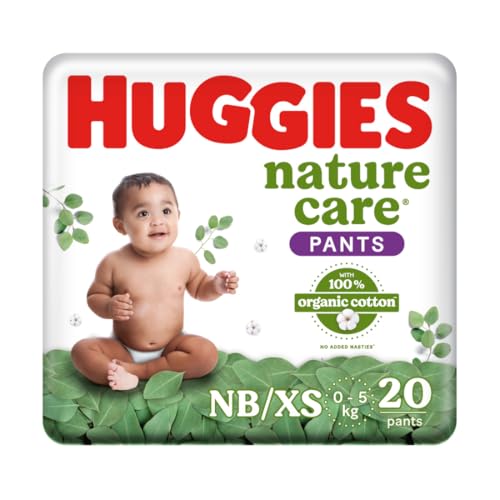 Huggies Nature Care Pants, New Born/Extra Small Size (Upto 5 kgs) Premium Baby Diaper Pants, 20 Count, Made with 100% Organic Cotton