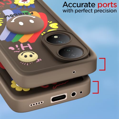 Image of Pikkme Back Cover for Vivo Y100 5G | Soft Silicone| Cute Rainbow Smile & 3D Cartoon Flower Design | Shockproof Raised Camera Protection Bumper Case (Brown)