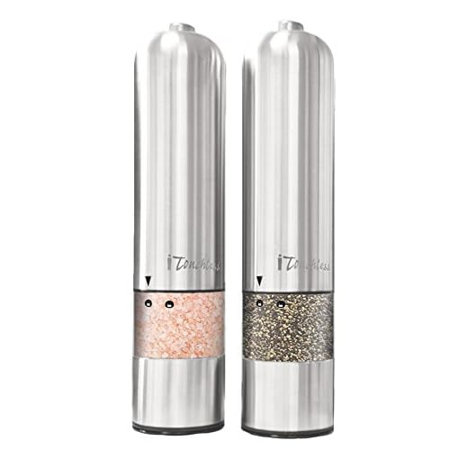 iTouchless Automatic Electric Salt and Pepper Grinder Set – Stainless Steel Construction – Battery Operated – Adjustable Coarseness – LED Light, 2 Count