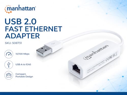 Image of Manhattan USB to Ethernet Adapter - 10 / 100 Mbps Fast Ethernet LAN Network - Support Windows 10 /8.1 /8 /7 /Vista /XP for Desktop Laptop Apple MacBook Linux - 3 Year Warranty - 506731 | USB 2.0 to RJ45 LAN dongle with plug-and-play setup, hot-swap use, PXE boot and auto-speed detection for PC use