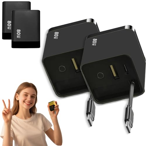 Caricabatterie Retrattile 3 in 1 80w Max Veloce, Caricabatterie per Tablet e Adattatore di Alimentazione Retrattile con Cavo di Tipo C e 2 Porte USB, 2 Pezzi, Bianco