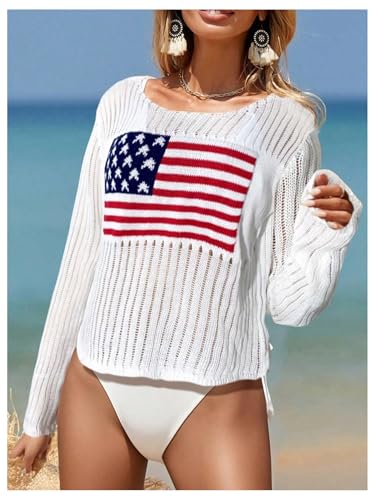 SOLY HUX Women's Hollow Out Knit American Flag Sweater Long Sleeve Pullover Coverups Knitwear4