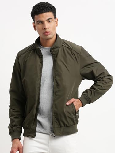 Image of SHOWOFFFF Men Solid Bomber Jacket | Mock Collar Full Sleeves Nylon Jacket for Mens | Slim Fit Regular Length Jacket for Men's