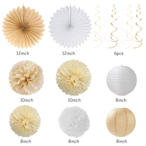 Image of Champagne Gold White Bridal-Shower Party-Decorations - 31pcs Bride to Be Banner,Boho Neutral Bachelorette Paper Lanterns,Wedding Streamers Garland,Tissue Pom Poms Flower Fan Decor Supplies Burgleda