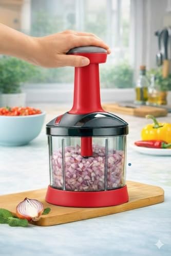 Image of YOUONE Push Chopper, 1000ml Capacity, Stainless Steel Blade, Transparent Container with Lock System, Green (Red)