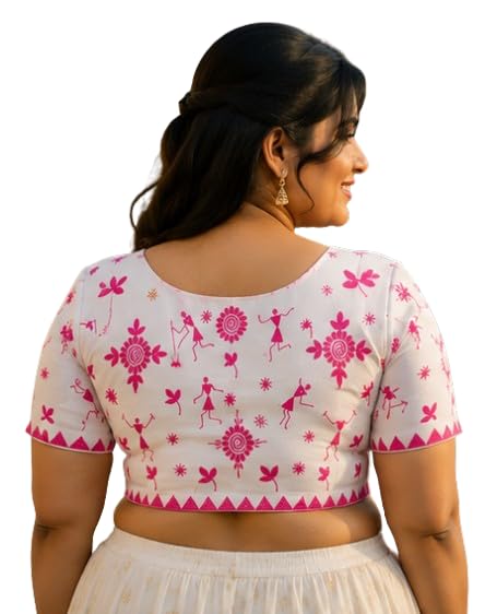 Women Readymade Round Neck Stylish Ethnic Breathable & Comfortable Blouse re White Pink Folk-picture-34
