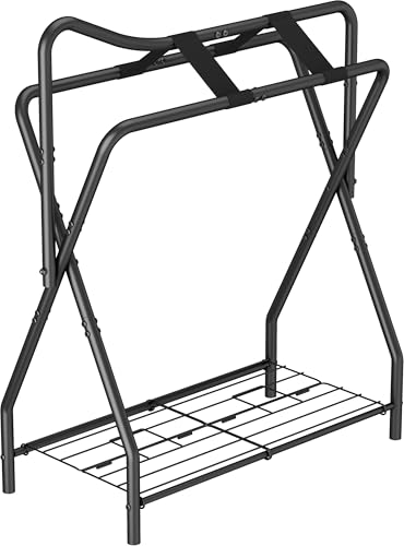 Queension Horse Saddle Rack for English Saddle Foldable Saddle Stand with Bottom Storage for Horse Tack Saddle Pad Rack for Horse Stable Equipment Western Saddles Black
