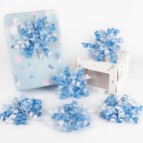HUIHUANG Baby Boy Shower Gift Bows Blue and White Curly Ribbon Bows Self Adhesive Burst Gift Bow for Baby Birthday Baby Shower Party Favors Wine Bottle Treat Bags Gift Wrapping- 6 Counts