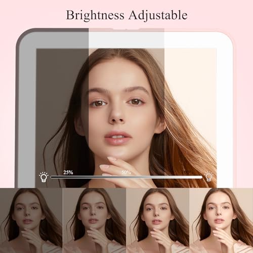 Image of FUNTOUCH Rechargeable Travel Makeup Mirror with 72 Led Lights, Portable Lighted Makeup Mirror, 3 Color Lighting, Dimmable Touch Screen, Type C, Tabletop LED Folding Cosmetic Vanity Mirror (Pink)