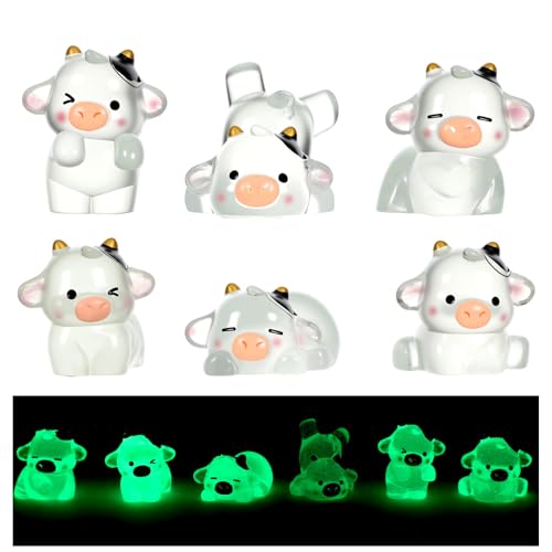 6 Pcs Luminous Cow Car Dashboard Decorations for Women Men, Cute Cow Car Ornaments for Dashboard Decor, Mini Cows Figurines Cars Interior Accessories for Home Office Desk Decor