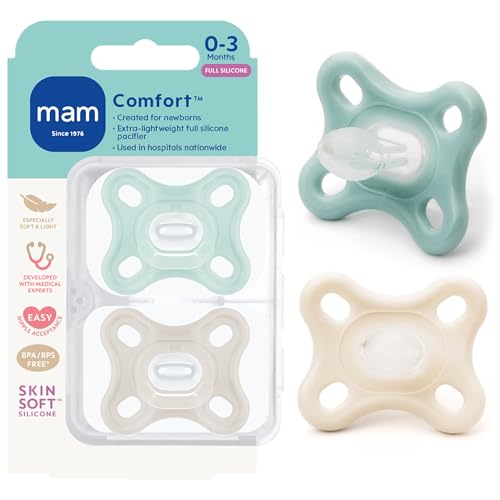 Image of MAM Comfort Baby Pacifiers 0-3 Months Newborns, Lightweight One-Piece Full Silicone Binky, BPA-Free Nipple, Easy to Clean Pacifier, Best for Breastfed Babies, 2 Count, Sterilizer Case, Made in Europe
