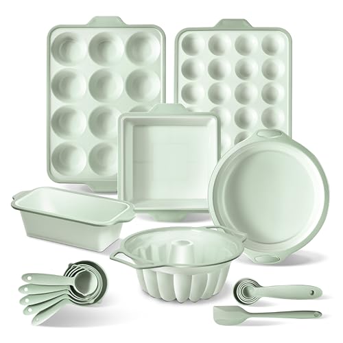 Image of COOK WITH COLOR 17 Pc. Silicone Baking Pan Set - Non-Stick & Easy Clean Silicone Muffin Pans for Baking with Sturdy Metal Frame for Stability, Flexible Cake Molds, Includes Measuring Cups and Spoons