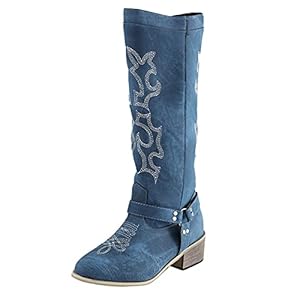 SHITOUJI Vrouwen Cowboy Laarzen Borduurwerk Print Knie Hoge Laarzen Vierkante Hak Rits Booties Anti Slip Ronde Neus Warm Rijlaarzen Schoenen