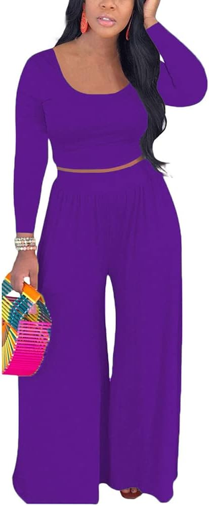 2 Piece Outfits for Women Sexy Backless Long Sleeve Crop Top High Waist Wide Leg Long Pant Sets Tracksuit Printed Set