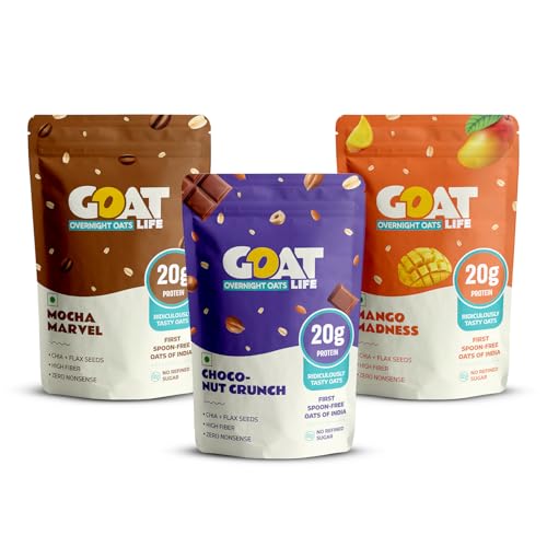 Image of GOAT Life Overnight Oats 2.07kg (Pack of 30) | Assorted High Protein 20g | No Refined Sugar | Natural Breakfast Cereal | Ideal for Weight Management | Spoonfree Oatmeal