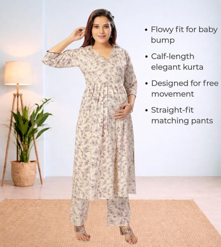 Image of Momenta Women's Pure Cotton Maternity Kurta Set | Feeding Kurti with Concealed Zippers | Maternity Dress for Pre & Post Pregnancy