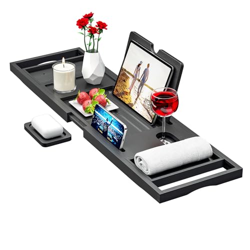 Premium Bathtub Tray Caddy – Expandable Bath Caddy Tray – Adjustable Bamboo Bath Caddy Tub Table – Unique House Warming Gifts New Home – Black
