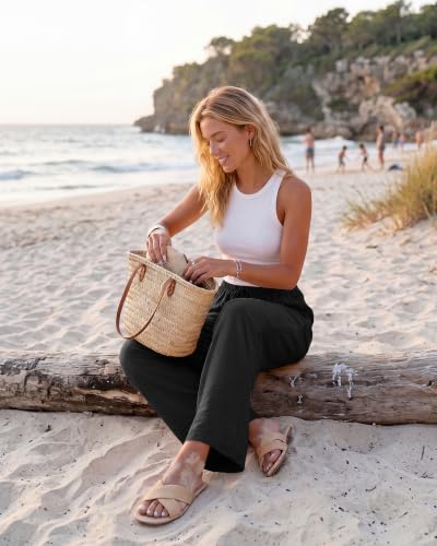 Image of ZOOSIXX Wide Leg Pants for Women - Palazzo Flowy Lounge Lightweight Summer Drawstring Trousers with Pockets Beach Vacation