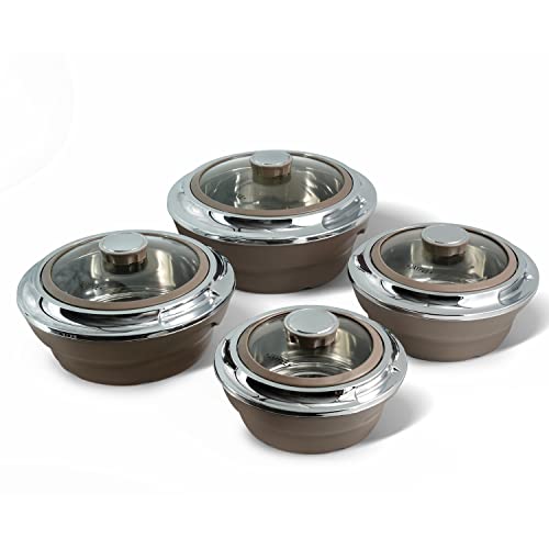 Jaypee Insulated Casserole Dishes | Glass-Lidded Serving Containers | Stainless Steel Inner | Retain Warmth | Thermal Food Storage | Set of 4 (1L, 1.5L, 2L & 3L) by Nyra (Brown)