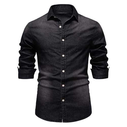 Mens Denim Shirts Fall Distressed Long Sleeve Collared Work Jean Jackets Slim Fit Work Office Tops with Pockets