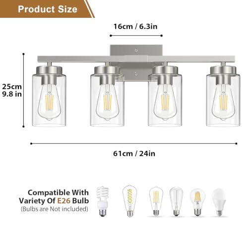 Image of IZORRO Bathroom Light Fixtures, Modern Vanity Lights, Bathroom Lighting Fixtures Over Mirror with Clear Glass Shade, Wall Sconce for Living Room Cabinet Bedroom (Brushed Nickel, 4-Light)