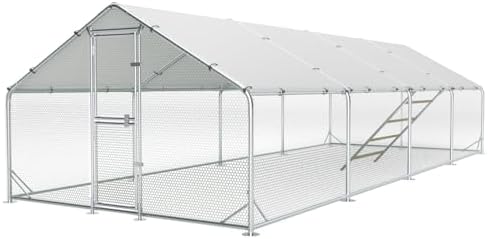 Benass Large Metal Chicken Coop, 10x26x6.5FT Spire Chicken Runs for Yard with Cover, Walk in Chicken Coop with Roosting Perch