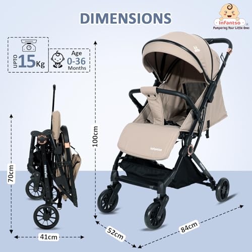 Image of Infantso RIDE-X Premium Baby Stroller / Pram Auto Fold with 5 Points Safety Harness, Multi Level seat Recline & Spacious Cushioned seat, One-Hand Fold and 360 Rotating Wheels, Travel Friendly, Extendable Canopy, Adjustable Footrest, Shock Absorption Wheels, Lightweight Stroller for 0 to 3 Years (Beige)