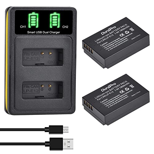 DuraPro 1800mAh 2pcs LP-E12 LP E12 - Batería + LCD doble cargador USB para Canon LP-E12 y EOS M, EOS M2, EOS M10, EOS M50, EOS Rebelle SL1, EOS 100D cámaras digitales