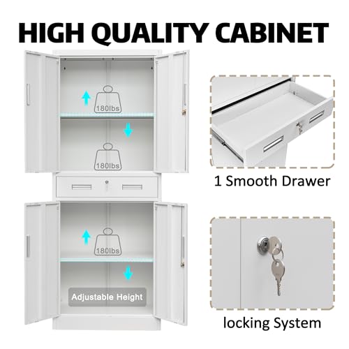 Metal Storage with 1 Drawer, 71" Cabinet with 4 Locking Doors and 2 Adjustable Shelves, Steel Storage File Cabinet for Pantry, Kitchen, Office, Garage (White)