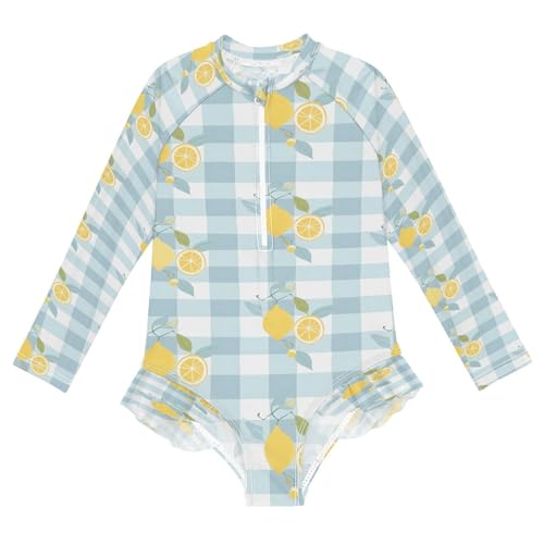 White Plaid Lemon Girls Long Sleeve Swimsuits One Piece Zipper Bathing Suit UPF 50+ Rashguard Swimwear