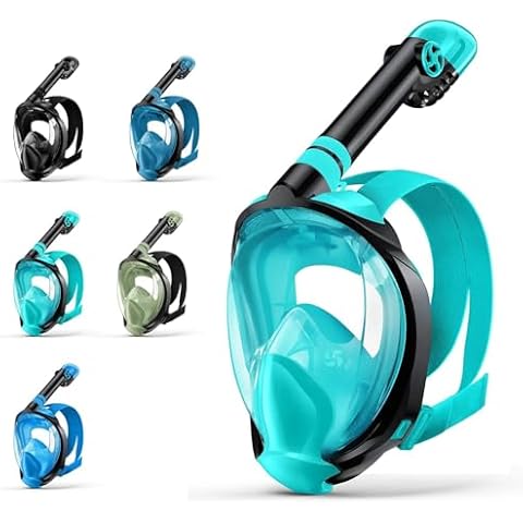 Full Face Snorkel Mask, Snorkeling Gear for Adults Diving Mask Anti Fog Premium Innovative Safety Breathing System, 180 Panoramic Foldable Anti Leak Swimming Mask with Detachable Camera Mount Cover