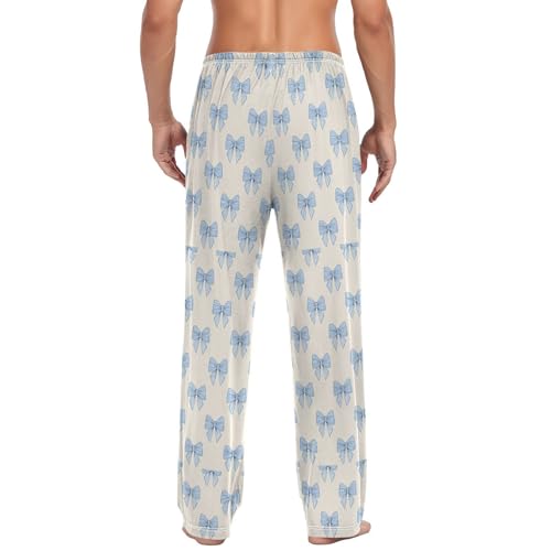 Men’s Blue Bow Pajama Pants with Pockets, Comfortable Lounge Sleep Bottoms#3412
