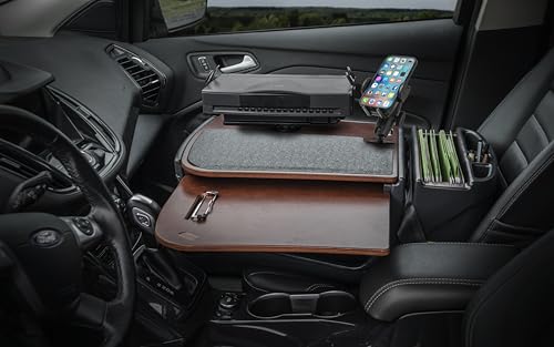 Image of AutoExec AE-GMCD-PM-PS-21M GripMaster Car Desk for Your Vehicle Workstation and Mobile Office, Mahogany with Phone Mount and Printer Stand | Vehicle Workstation, Mobile Office, Phone Mount, Printer Stand