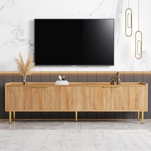 Merax Meuble TV 170 cm avec Portes Structurées, Lowboard Bois avec Poignées et Pieds Dorés, Rangement pour Salon avec Gestion des Câbles et Design Moderne