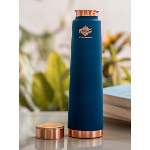 Image of INDIAN ART VILLA Pure Copper Peacock Blue Pyramid Ombre Silk Finish Bottle - 800 ML, Ayurvedic Health Benefits, Ideal for Home, Office, Gym & Travel