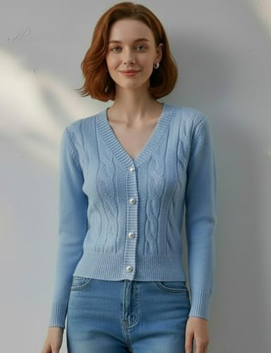 Image of Women's Casual Slim Fit Cardigan Sweaters Long Sleeve Button Down Lightweight Waist Length