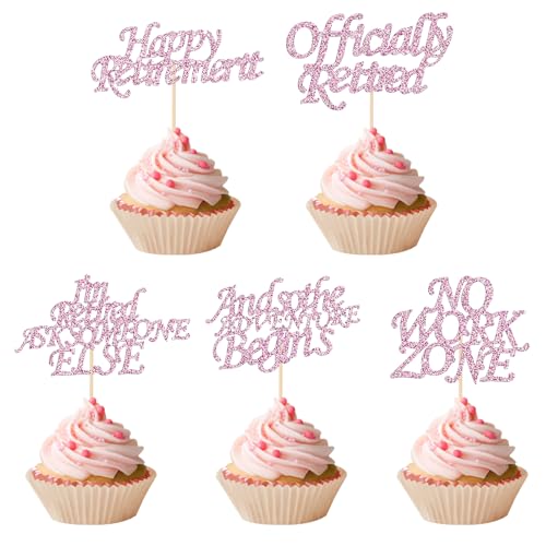 20 PCS Happy Retirement Cupcake Toppers, Glitter Officially Retired Cake Decorations No Work Zone Adventure Begins Cupcake Decor for Retirement Theme Farewell Birthday Party Supplies (Pink)