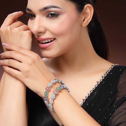 Image of ZENEME Rhodium Plated Silver Toned Floral Shaped American Diamond Studded Bangles Set Of 2 For Women & Girls