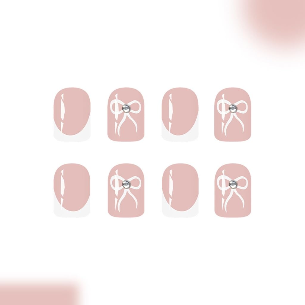 24 Pcs Glossy Full Covers False Nails Short Square Sweet Bows Stick on Nails French Tip Acrylic Nails