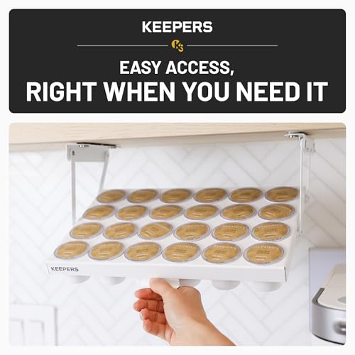 COFFEEKEEPERS KEEPERS Under Cabinet K Cup Holder with Swing-Down Access – Space-Saving Coffee Pod Holder and K Cup Organizer for 24 Pods – Steel Coffee Pod Organizer with Easy DIY Installation