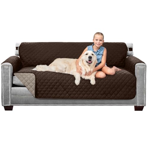 Sofa Shield Couch Slip Covers for Dogs, Reversible Furniture Protector with Strap, Stain and Tear Resistant Cushion Cover, 70 inch Seat, Machine Washable Slipcover Pets, Cats, Chocolate Beige