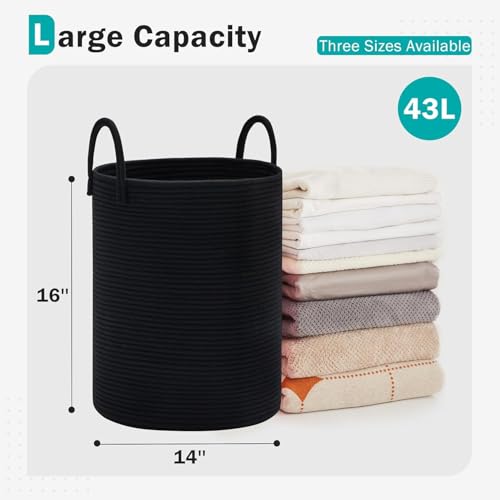 Image of Jute Cotton Rope Laundry Basket with Handles, Large Tall Clothes Hamper for Bedroom, Baby Nursery, Bathroom, Laundry Room & Home Storage Organizer (14x18 Inch, Black 01)