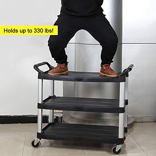 SHANGPEIXUAN Commercial Service Carts Heavy Duty 3 Shelf Plastic Utility Cart for Transporting Food, Dishes, or Janitorial Supplies(Black 40 x 19.6)